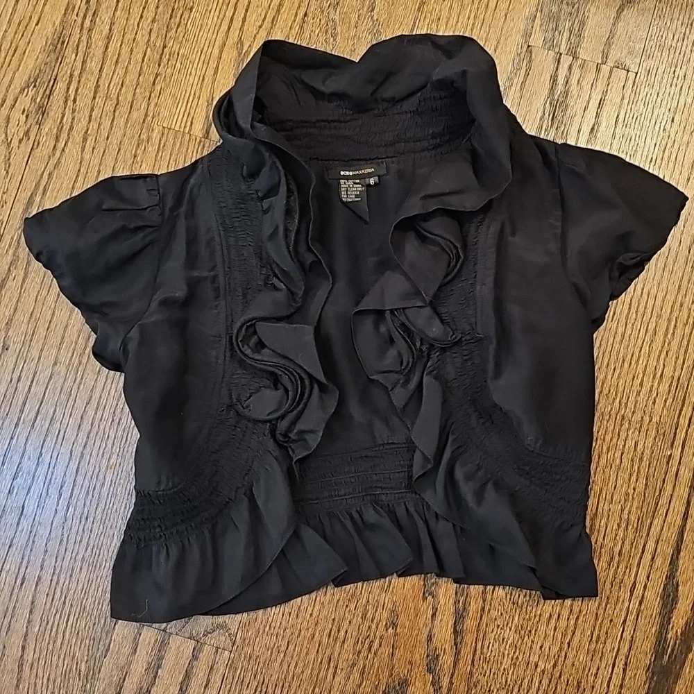 BCBGMAXAZRIA Ruffled Cotton Short-sleeve Ruffled Bolero Cropped Jacket - Picture 9 of 10